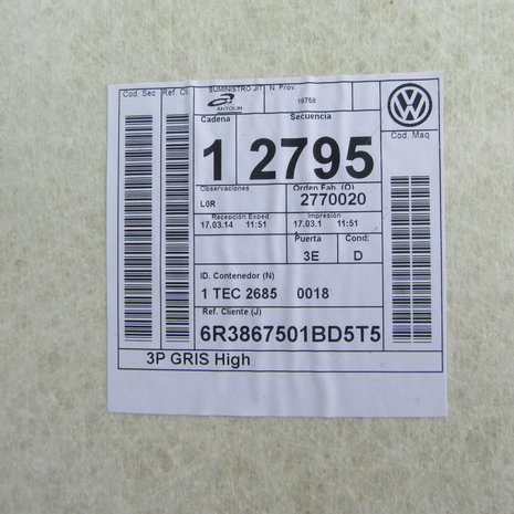 VW Polo 6R Hemel hemelbekleding 6R3867501BD